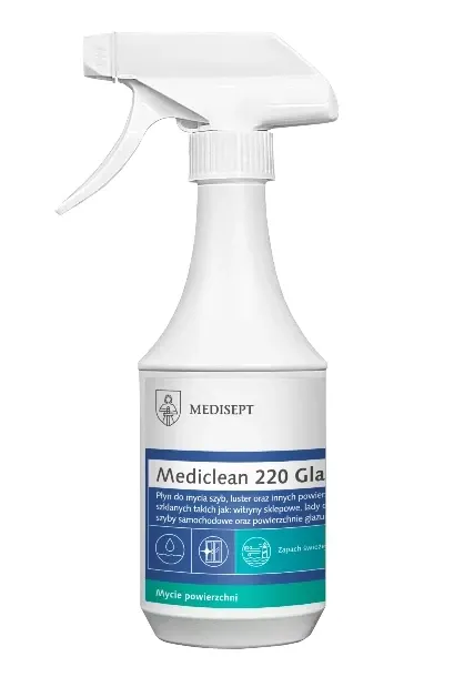 Płyn do mycia szyb bez smug, zapachowy, butelka 500 ml ze spryskiwaczem Mediclean 220 Glass Medisept