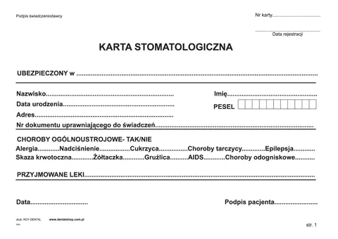 Karta Stomatologiczna/ Karta pacjenta - op 10 sztuk typ 2