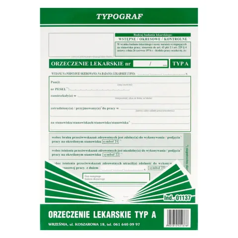 Orzeczenie lekarskie typ A A5 40 szt. Typograf