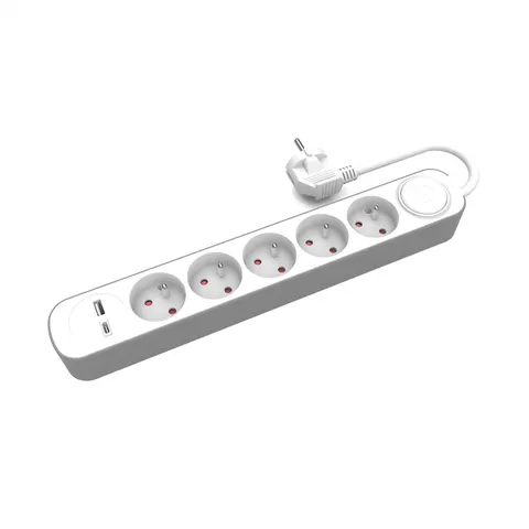 Przedłużacz stały z pięciokrotnym gniazdem wtyczkowym i włącznikiem oraz gniazdami USB A, USB C, 3m; W-30004, PLASTROL