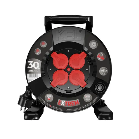 Przedłużacz bębnowy EXTREME LINE; 4x2p+Z; IP44; 16A; H07BQ-F; 3x1,5; 30m; CZARNY