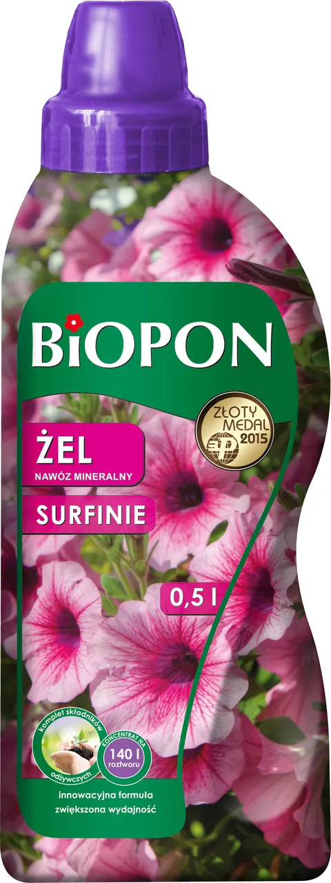 Nawóz do surfinii w żelu 0,5L BIOPON nawóz mineralny, zwiększona wydajność, komplet składników odżywczych, innowacyjna formuła