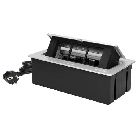 NOEN Kaseta meblowa wpuszczana w blat ze zintegrowaną ramką PCV na gniazda modułowe 3 x 45x45mm lub 6 x 22,5x45mm, przewód 1,5m, srebrne
