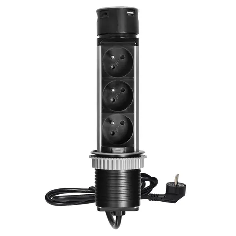 Wpuszczane gniazdo meblowe O6cm z ładowarką USB i przewodem 1,5m, 3x2P+Z, 2xUSB (typ A i typ C), INOX
