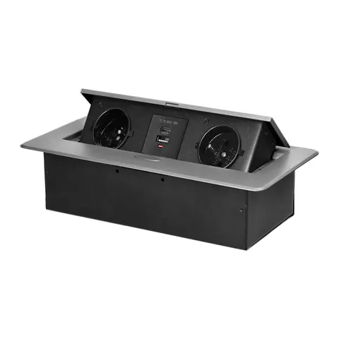 Gniazdo wpuszczane w blat z płaskim frezowanym rantem i ładowarką USB, 2x2P+Z, 2xUSB (typ A+C; 3,6A), srebrne