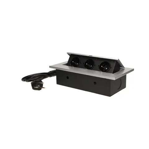 Gniazdo meblowe wpuszczane w blat z grubym rantem 3x2P+Z, przewód 1,5m 3x1,5mm2, srebrne