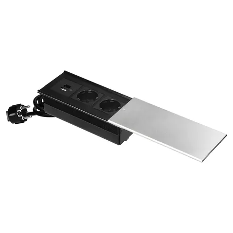 Gniazdo meblowe z przesuwną pokrywą, 2x2P+Z (Schuko), USB A+C, srebrne