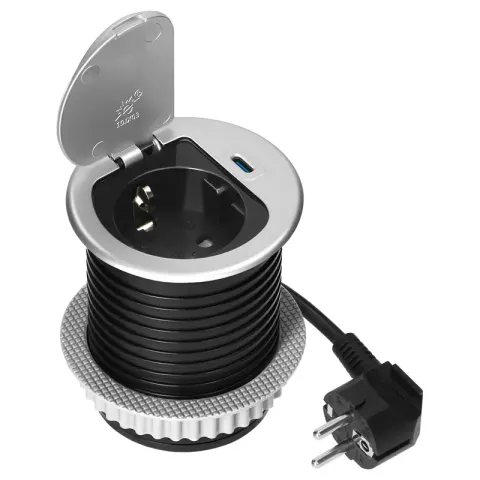 Gniazdo meblowe O6cm wpuszczane w blat z pokrywką, ładowarką USB i przewodem 1,9m, 1x2P+Z (Schuko), 1xUSB (typ C; 20W), srebrne
