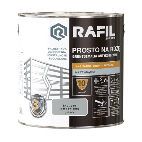 Farba RAFIL Prosto na Rdzę szary okienny RAL 7040 połysk 2,5l