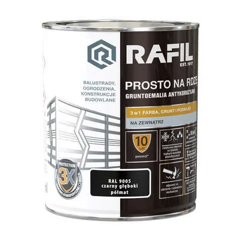 Farba RAFIL Prosto na Rdzę czarny głęboki RAL 9005 półmat 0,75l
