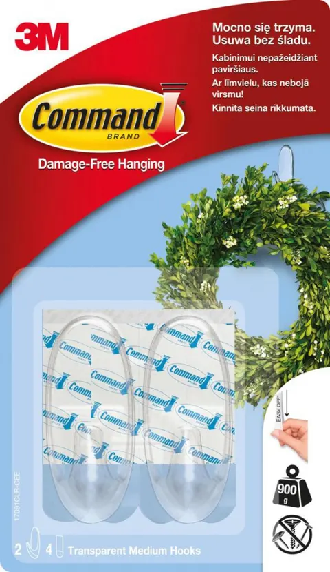 COMMAND Haczyki przezroczyste średnie, 2 haczyki + 4 średnie paski