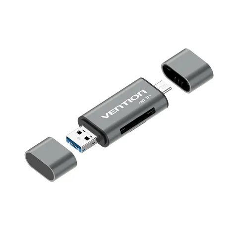 Czytnik kart sd / microsd vention ze złączami usb 3.0 usb-c microsd szary