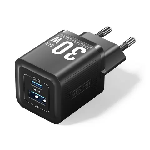 ładowarka vention 1x usb-a 1x usb-c gan 30w czarna
