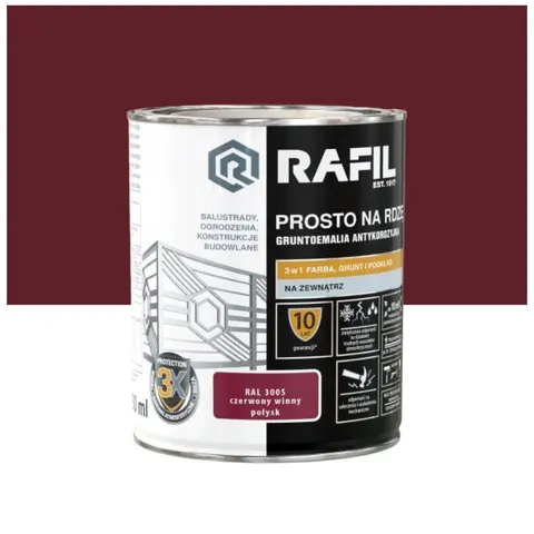 RAFIL Emalia prosto na rdzę RAL 3005 czerwony winny połysk 0,75L