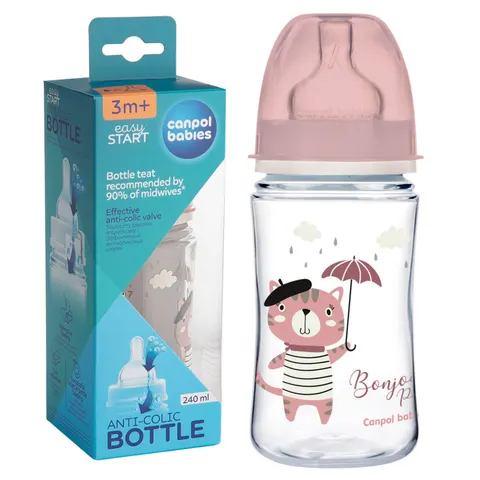 Canpol butelka antykolkowa szeroka bonjour różowa 240ml