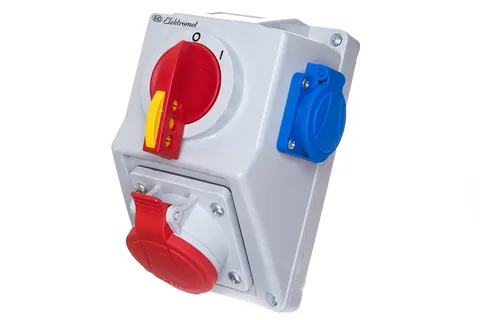 Zestaw instalacyjny IP54 z rozłącznikiem O-I zamykanym na kłódkę i gniazdami: 16A 5P 400V i 16A 2P+Z 230V, C16-18.1N; 971616 ELEKTROMET