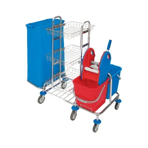 Wózek serwisowy chromowany, dwuwiadrowy (2x20L) z prasą, koszykami i workiem Splast MID-0003