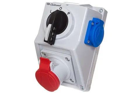 Zestaw instalacyjny IP54 z przełącznikiem L-0-P zamykanym na kłódkę i gniazdami: 16A 4P 400V i 16A 2P+Z 230V, C16-48.1; 971613 ELEKTROMET