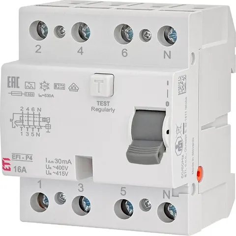 Wyłącznik różnicowoprądowy 4P 16A 30mA typ A 6kA, EFI6-P4 A 16/0.03; 002061660 ETI POLAM