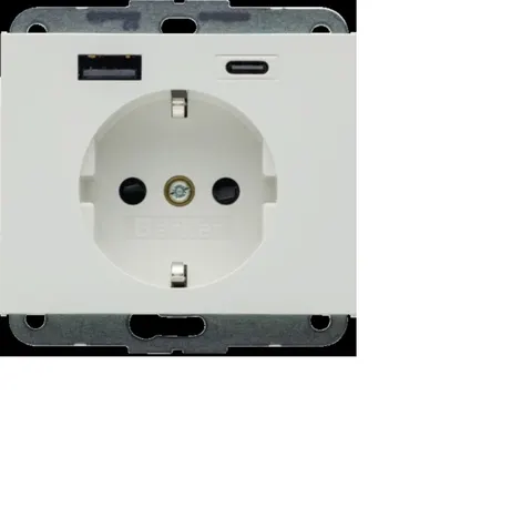 K1.Gniazdo SCHUKO z ładowarką USB AC 20W PD; samozaciski, biały połysk