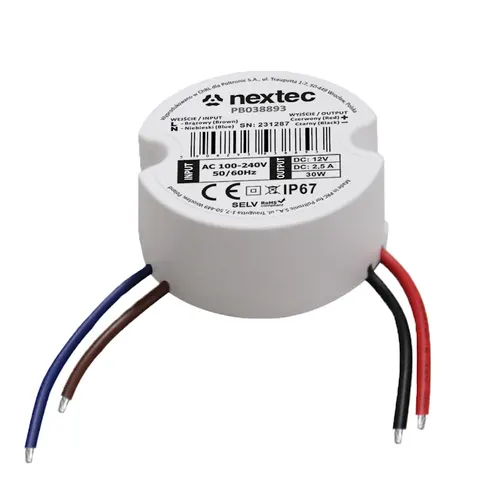 ZASILACZ OKRĄGŁY 50mm / 12V / IP67 / 2,5A / 30W