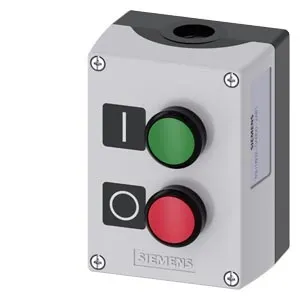 Kaseta sterownicza z dwoma przyciskami zielony i czerwony 22mm 1NO+1NC, przyłącze śrubowe, obudowa z tworzywa szara; 3SU1802-0AB00-2AB1 SIEMENS