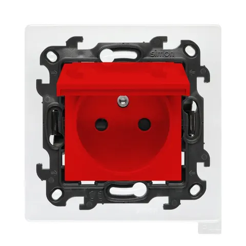 SIMON 24 Gniazdo wtyczkowe pojedyncze z uziemieniem do wersji IP44 bez uszczelki, z przesłonami torów prądowych, mocowanie PUSH IN (moduł) 16 A, 250 V~, szybkozłącza. Klapka w kolorze pokrywy; czerwony