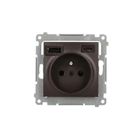 SIMON 54 Gniazdo wtyczkowe z zintegrowaną ładowarką USB C+A (moduł), 2.1 A, 5 V DC, 230 V; brąz mat; DGZ1ZUSB2CA.01/46 KONTAKT-SIMON