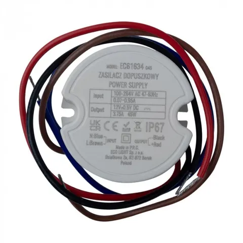 Zasilacz do puszki fi60 3,75A 45W 12V IP67 50x50x22