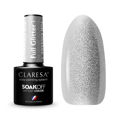 CLARESA Lakier hybrydowy 1 SREBRNY BROKAT, 5 g