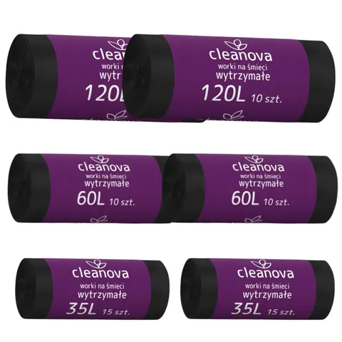 CLEANOVA Zestaw worków na śmieci CZARNE 35 l, 60 l i 120 l 3 x 2op