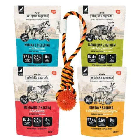 Wiejska Zagroda Karma mokra dla psa MIX smaków (dorosły) 4x500g + GRATIS