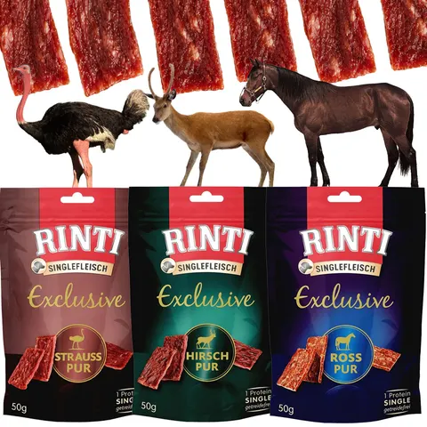RINTI Singlefleisch Exclusive Mix Przysmaków dla Psa Struś Jeleń Konina 3x50g
