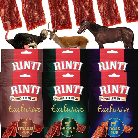 RINTI Singlefleisch Exclusive Mix Przysmaków dla Psa Struś Jeleń Konina 6x50g