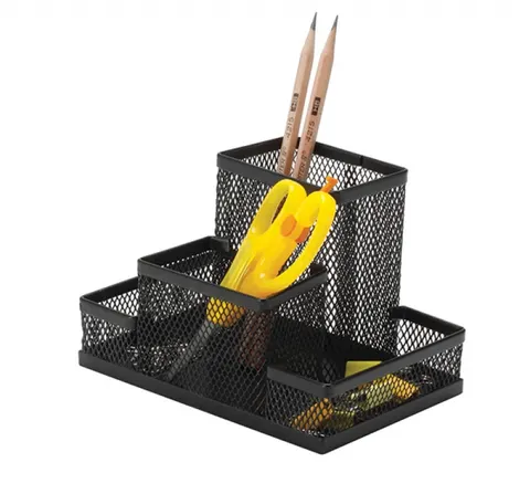 Przybornik na biurko metalowy siatka 4 komory Q-CONNECT OFFICE SET czarny /KF15112/