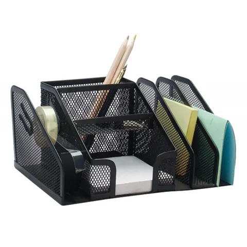 Przybornik na biurko Q-CONNECT Office Set metalowy 6 komór + dyspeneser do taśm czarny KF16573