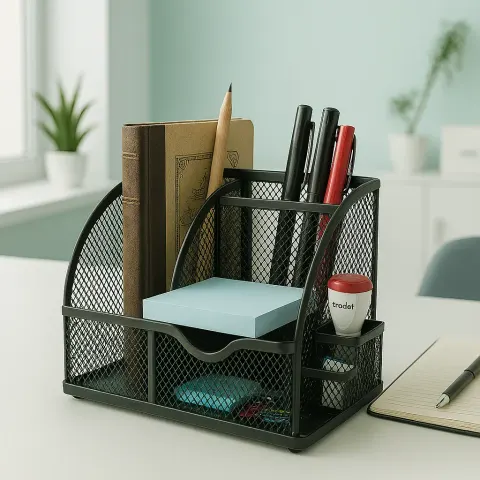 Przybornik na biurko Q-CONNECT Office Set metalowy z miejscem na listy czarny KF17295