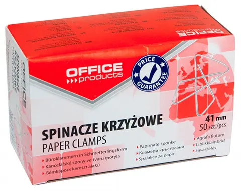 SPINACZE BIUROWE KRZYŻOWE 41mm OFFICE PRODUCTS SREBRNE 50 szt.