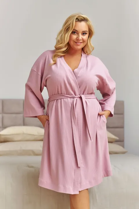 Różowy szlafrok damski z prążkowanej bawełny plus size