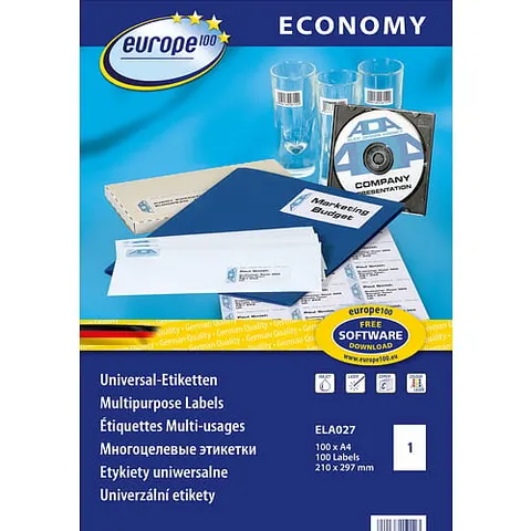 Etykiety uniwersalne Economy Europe100 by Avery Zweckform; A4, 100 ark./op., 210 x 297 mm, białe /ELA027/