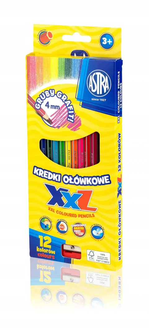 Kredki ołówkowe 12 kolorów ASTRA grafit XXL 4mm + temperówka
