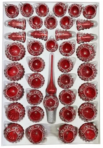 Zestaw reflektor 39 szt czerwony brokatowy srebrna dekoracja