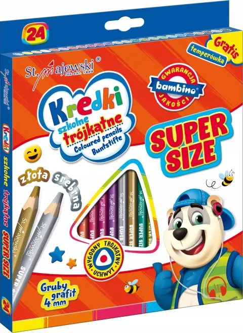 Kredki ołówkowe Bambino trójkątne 24 kolory z grubym grafitem + temperówka Super Size, St. Majewski