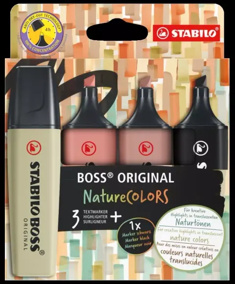 Zakreślacz 2,0-5,0mm STABILO BOSS NATURECOLORS 4 kolory zieleń błotna,sjena,umbra+czarny marker 4szt.