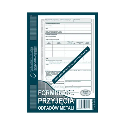 Druk samokopiujący formularz przyjęcia odpadów metali A5 80 kartek MICHALCZYK I PROKOP /E03-3/