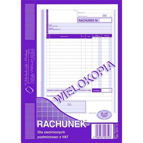 Druk "Rachunek dla Zwolnionych Podmiotowo z VAT" MICHALCZYK I PROKOP A5 223-3