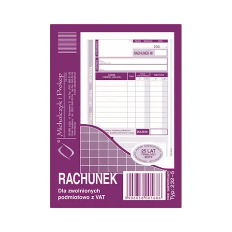 Druk "Rachunek dla Zwolnionych Podmiotowo z VAT" MICHALCZYK I PROKOP A6 232-5