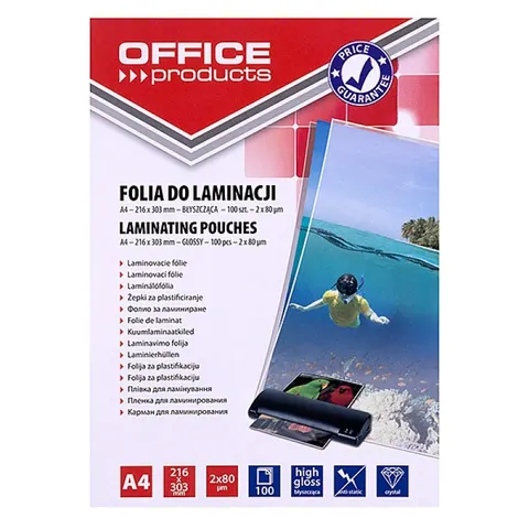 Folia do laminowania A4, 2x80mikr, błyszcząca, 100szt, transparentna, Office Products