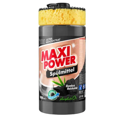 MAXI POWER Płyn do naczyń WĘGIEL BAMBUSOWY pompka+gąbka, 1 l