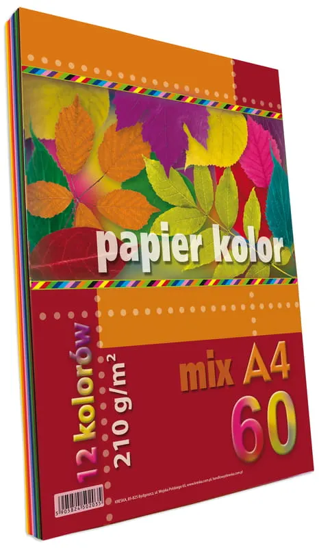 Papier A4 kolorowy mix 12 kol. 210g (60ark) KRESKA